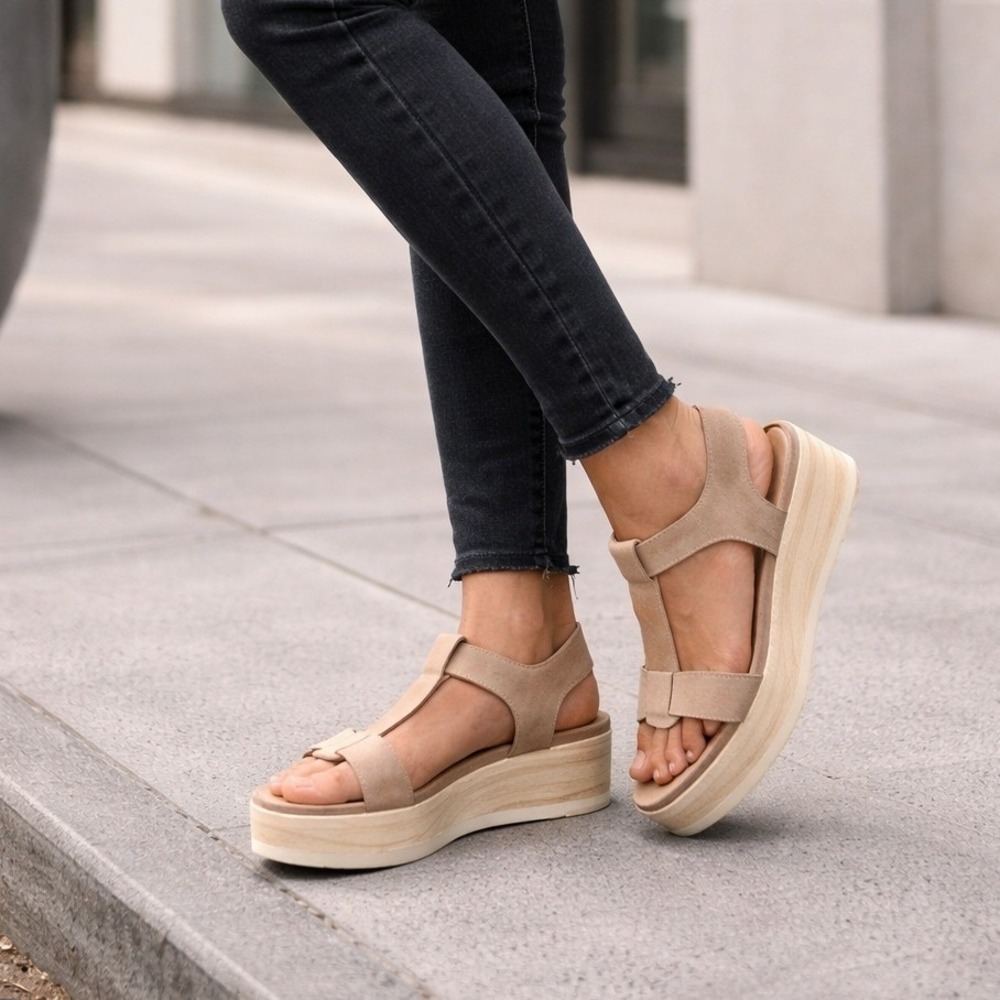 Coclico Suede‎ Platform Sandals 37.5 Tan Leather Comfort Wedge Minimalist